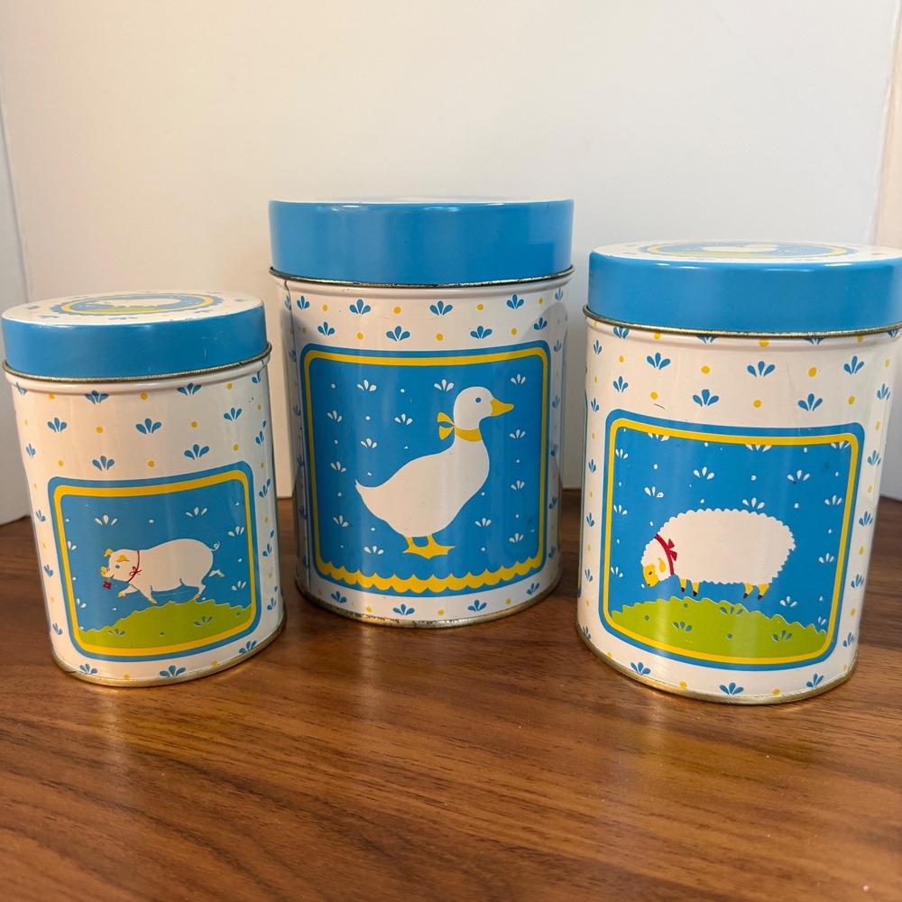 Vintage 1984 WA Nesting Kitchen Canisters Set of 3 Goose Sheep Pig Farm Blue Tin